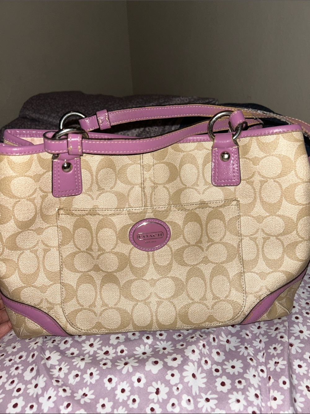 Coach Beige Signature Canvas Shoulder Bag with Pink Trim
